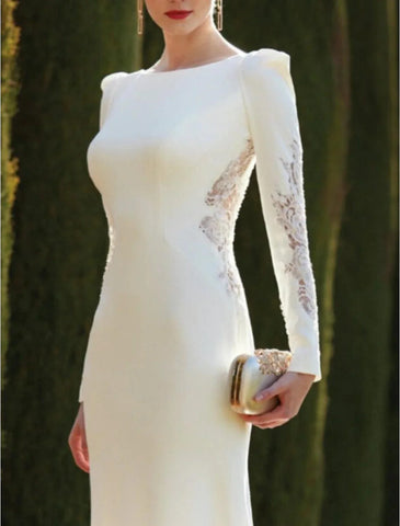 Saal Offener Rücken Royal Style Formelle Herbst-Brautkleider Meerjungfrau/Trompete Rundhalsausschnitt Langarm Sweep/Pinselschleppe Stretch-Stoff Brautkleider mit Volltonfarbe Sommerparty