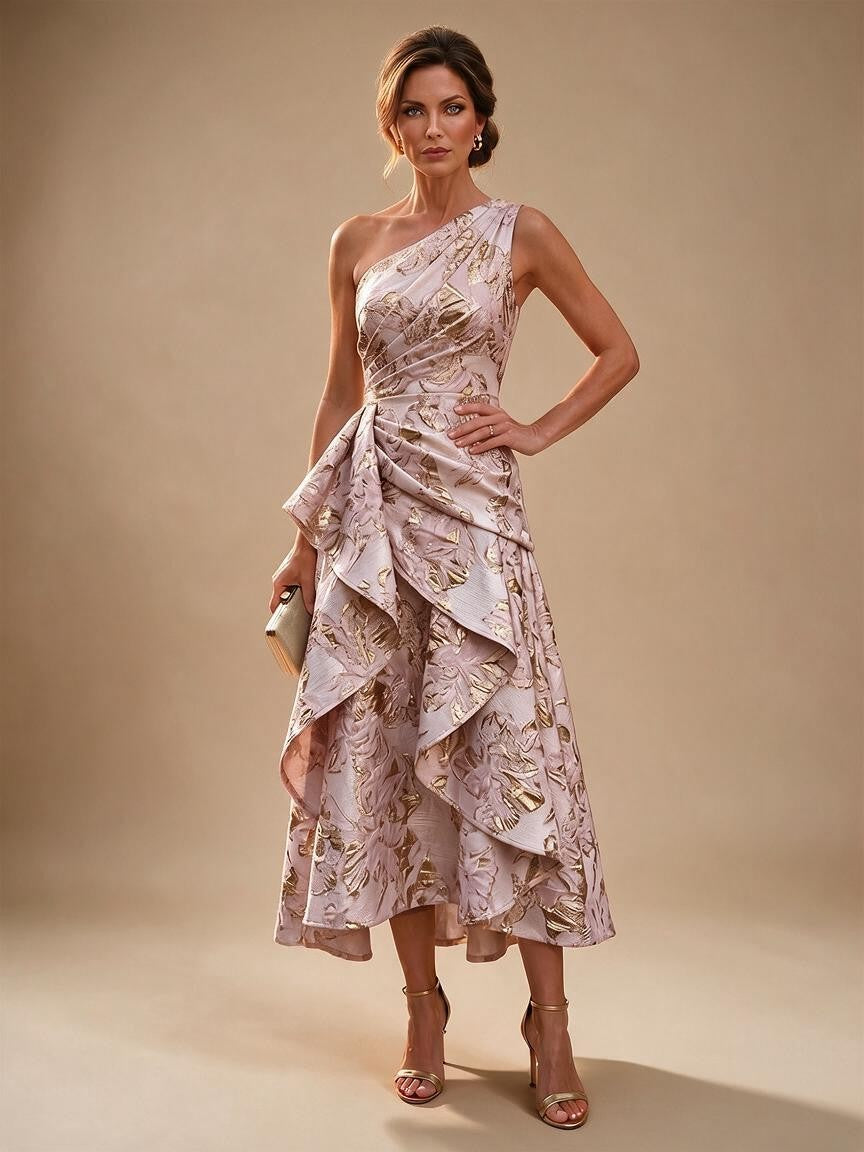 Jacquard A Line One Shoulder Ruffles Corset Mother of the Bride & Groom Dresses - Blush Pink