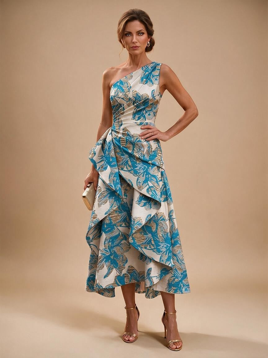 Jacquard A Line One Shoulder Ruffles Corset Mother of the Bride & Groom Dresses - Blue