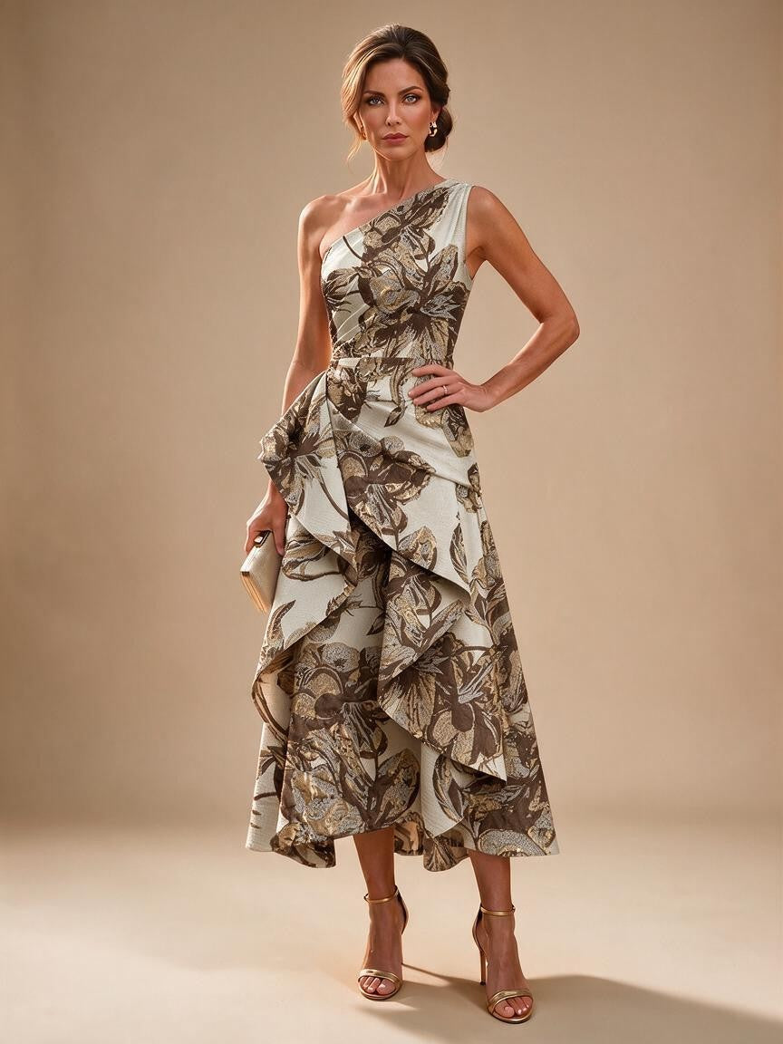 Jacquard A Line One Shoulder Ruffles Corset Mother of the Bride & Groom Dresses - Brown