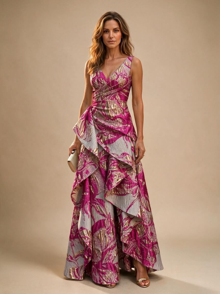 Jacquard A Line V Neck Ruffles Corset Mother of the Bride & Groom Dresses - Fuchsia