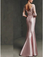 Vestido mãe da noiva sereia/trompete, festa formal, elegante, decote redondo, comprimento até ao chão, renda acetinada, manga 3/4 com pregas, frente aberta