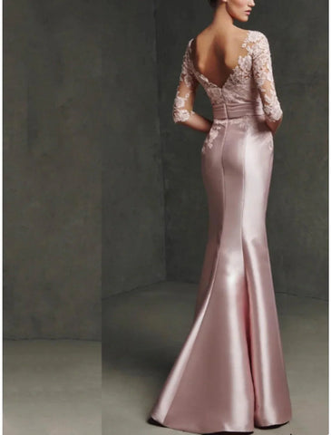 Meerjungfrau/Trompete Kleid für die Mutter der Braut, formelle Party, elegant, U-Ausschnitt, bodenlang, Satinspitze, 3/4-Ärmel mit Falten, geschlitzte Vorderseite