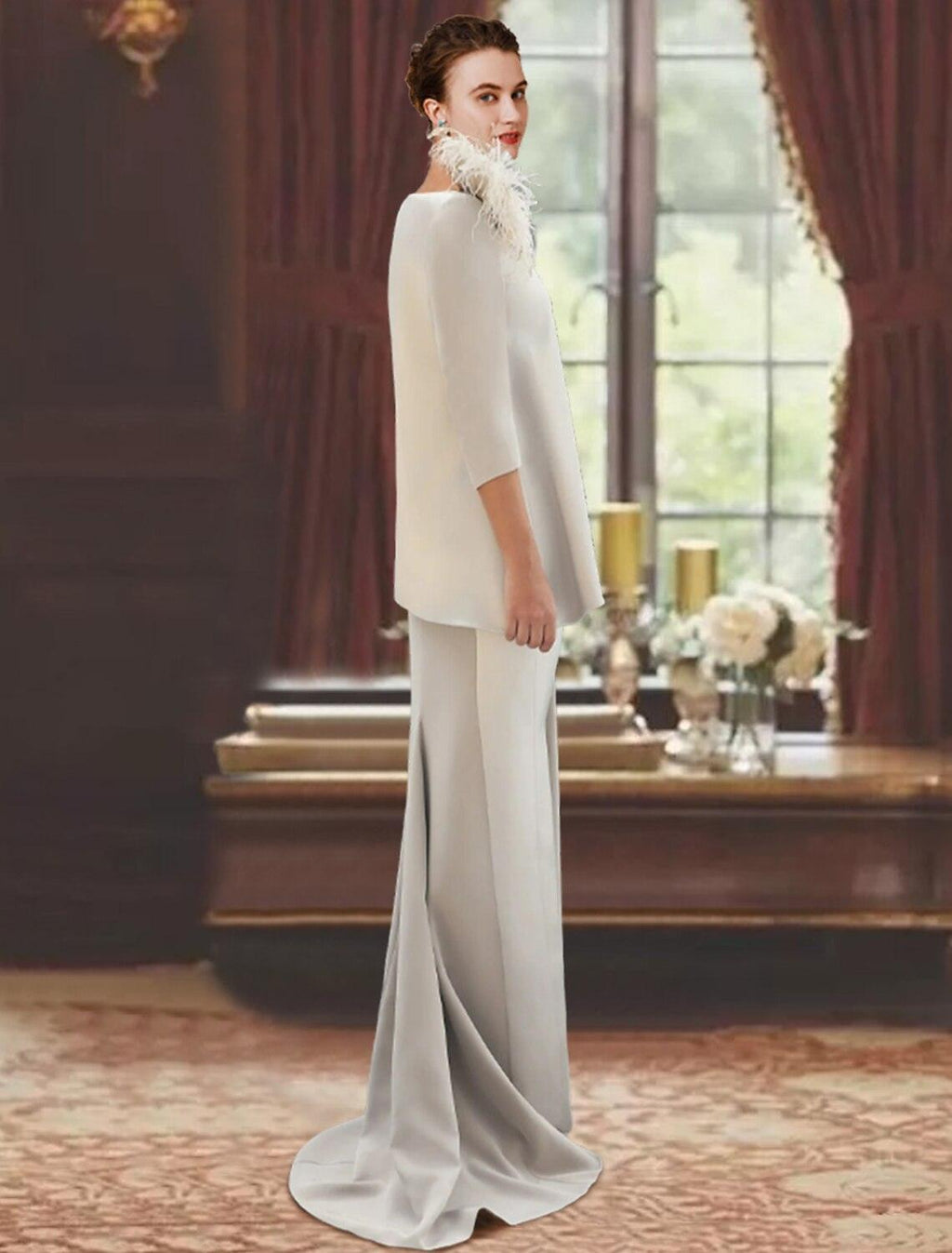 Vestido de mãe da noiva com bainha/coluna, para convidada de casamento formal, elegante, decote redondo, cauda longa/escova, tecido elástico, manga 3/4 com penas