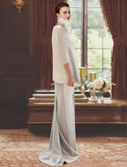 Vestido de mãe da noiva com bainha/coluna, para convidada de casamento formal, elegante, decote redondo, cauda longa/escova, tecido elástico, manga 3/4 com penas