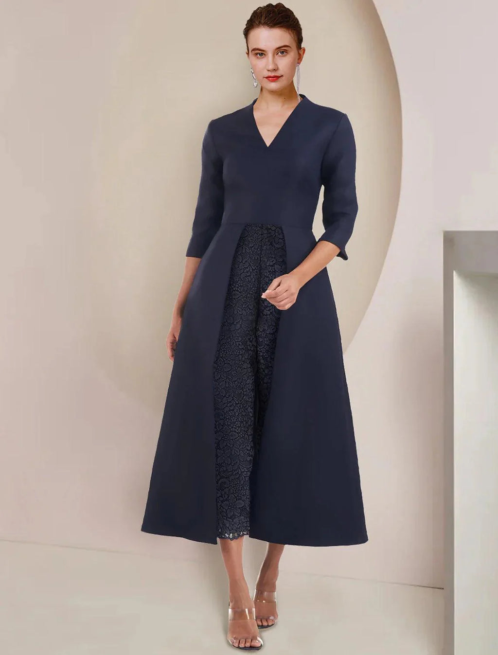 Macacão/calça para mãe da noiva, vestido para festa de casamento, elegante, decote em V, comprimento chá, tafetá, manga 3/4, cor sólida