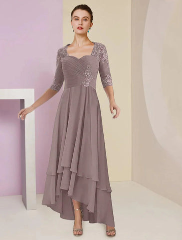 Zweiteiliges A-Linien-Kleid für die Mutter der Braut, formeller Hochzeitsgast, eleganter quadratischer Ausschnitt, asymmetrische Teelänge, Chiffon-Spitze, 3/4-Ärmel, Wickelkleid inklusive, mit gerüschten Stufenapplikationen