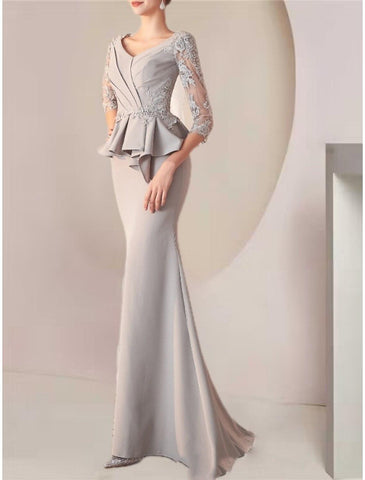 Meerjungfrau/Trompete Kleid für die Brautmutter, Hochzeitsgast, elegant, V-Ausschnitt, Schleppe/Pinselzug, Stretchstoff, halbe Ärmel mit Spitzenrüschen
