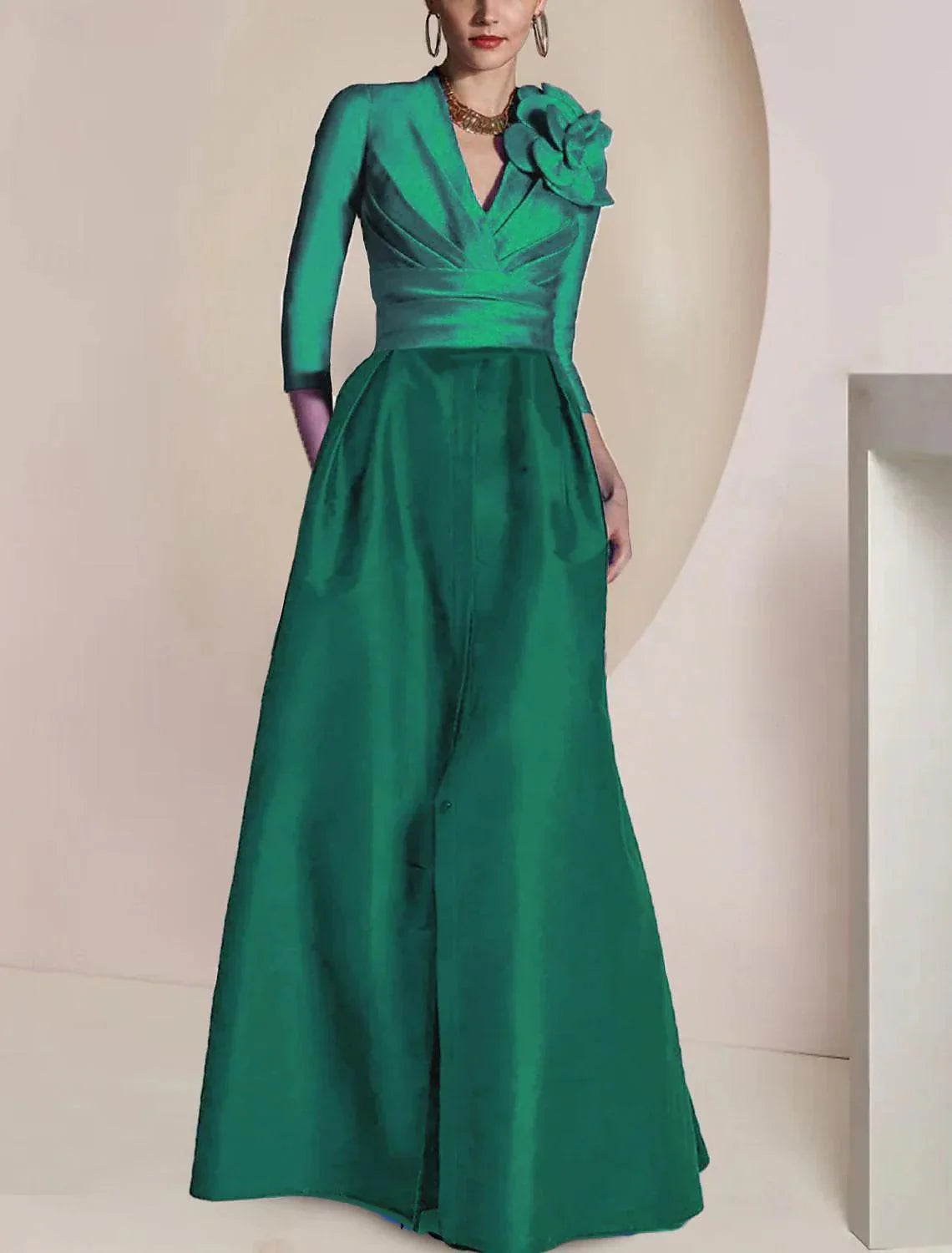 Vestido de festa elegante, vintage, com decote em V, comprido, em chiffon, manga 3/4, meia manga, com franzido, frente aberta, para convidados de casamento