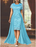Abito da Sposa per Madre della Sposa / Modello Fodera Abito da Cerimonia per Invitati Elegante con Scollo Tondo Lunghezza al Ginocchio Chiffon Pizzo Manica Corta con Fiocco(i)