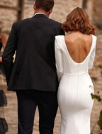 Reception Open Back Royal Style Casual Fall Wedding Dresses Mermaid / Trumpet Square Neck Long Sleeve Court Train Satin Bridal Gowns With Solid Color Summer Wedding Party