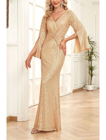 Meerjungfrau/Trompete Kleid für die Brautmutter, Hochzeitsgast, Party, Glitzer und Glanz, U-Ausschnitt, V-Ausschnitt, bodenlang, mit Pailletten, 3/4-Ärmel mit Rüschen, einfarbig