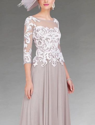 Elegantes Kleid für formelle Hochzeitsgäste mit rundem Ausschnitt, asymmetrischer Knöchellänge, Chiffon-Spitze, 3/4-Ärmel mit Applikationen, Mutter der Braut