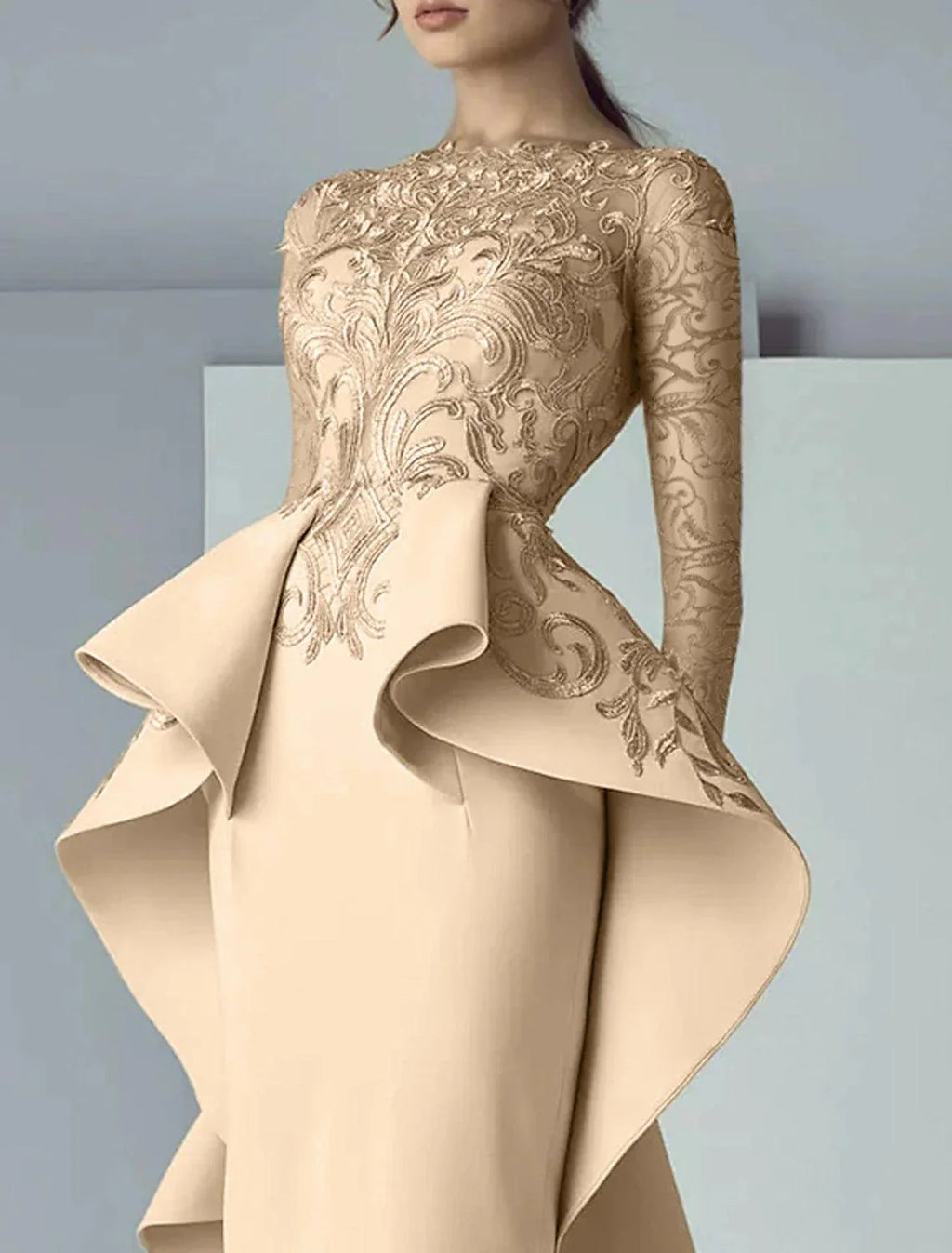 Vestido tubinho/coluna para mãe da noiva, festa formal para convidados de casamento, elegante, decote redondo, comprimento até ao chão, tecido elástico de renda, manga comprida com folhos e aplicações