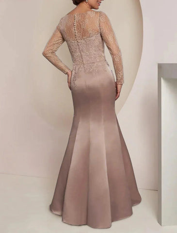 Meerjungfrau/Trompete Kleid für die Mutter der Braut, Hochzeitsgast, Party, elegant, Rundhalsausschnitt, bodenlang, Kunstseide, lange Ärmel mit Spitzenfalten