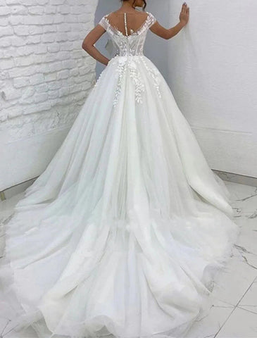 Formelle Brautkleider Ballkleid V-Ausschnitt Flügelärmel Kapelle Schleppe Spitze Brautkleider mit Applikationen