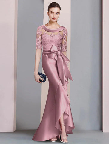 Meerjungfrau/Trompete Kleid für die Brautmutter, formelle Kleider für Hochzeitsgäste im Herbst, elegant, hoch und tief, U-Ausschnitt, Pinselschleppe, asymmetrisch, Satin, Spitze, halbe Ärmel mit Schleife(n), Applikationen