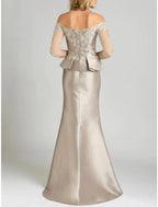 Mermaid / Trumpet Mother of the Bride Dress Wedding Guest Party Elegant Off Shoulder Floor Length Stretch Satin 3/4 Length Sleeve with Lace Sequin Ruching