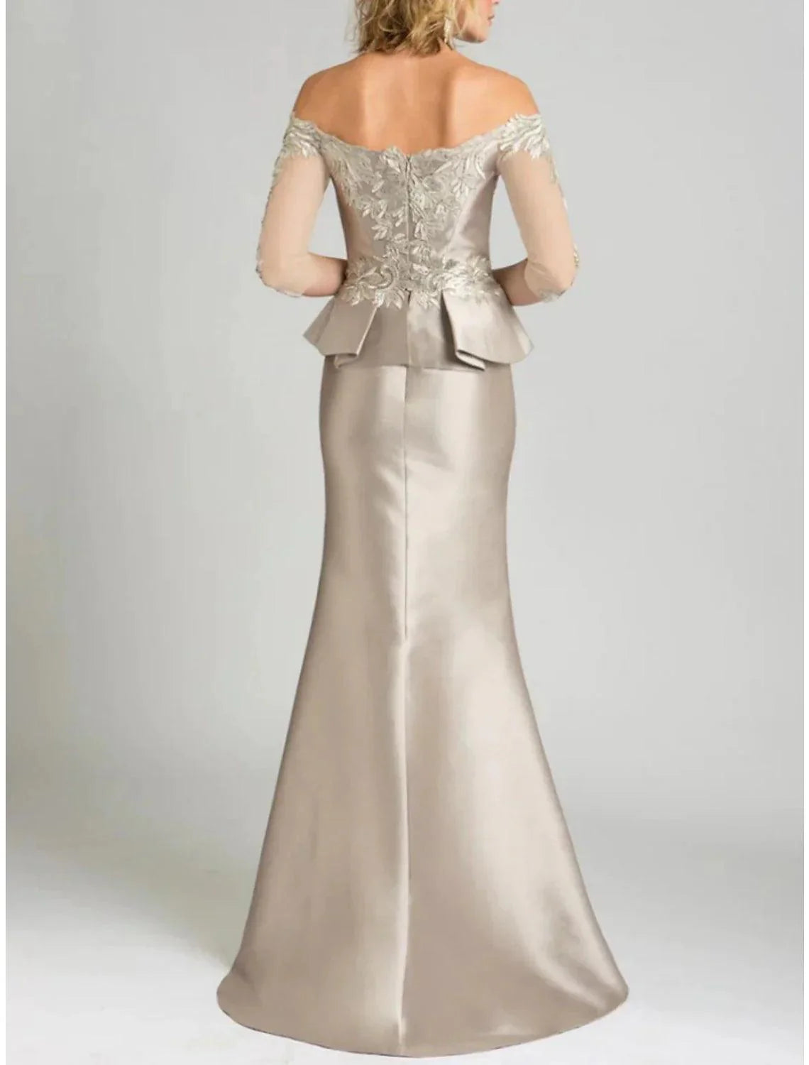 Vestido sereia/trompete para mãe da noiva, convidada para a festa de casamento, elegante, ombro descoberto, comprimento até ao chão, cetim elástico, manga 3/4, com renda, lantejoulas, franzido