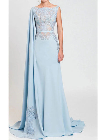 Meerjungfrau/Trompete Kleid für die Mutter der Braut, formelle Hochzeitsgastparty, elegant, Schmuckhals, Hofschleppe, Chiffon, Spitze, ärmellos, mit Schärpe/Bandapplikationen
