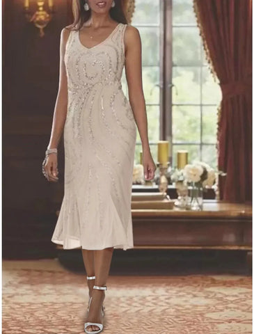 Zweiteiliges Meerjungfrauen-/Trompetenkleid für die Mutter der Braut, formeller Hochzeitsgast, luxuriös, elegant, V-Ausschnitt, knielang, ärmellos, Chiffon, Herbstwickel, inklusive Perlen und Pailletten