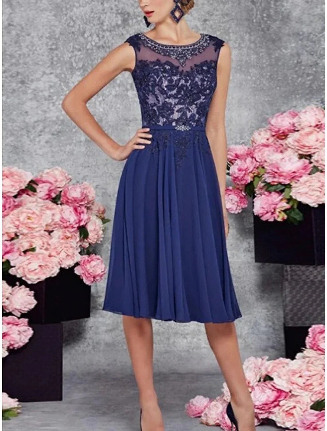 Vestido de mãe da noiva de duas peças, para convidada de casamento, festa na igreja, elegante, decote redondo, comprimento até ao joelho, chiffon, renda, meia manga com pregas, lantejoulas